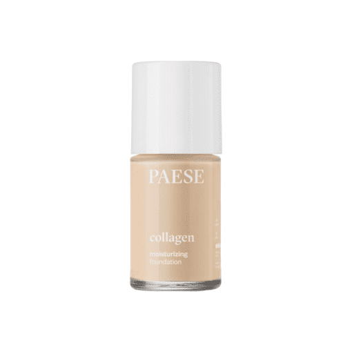 The image shows a bottle of Paese Collagen Moisturizing Foundation in shade 302N. The foundation is in a sleek, black packaging with the product name and shade clearly labeled. The bottle has a pump dispenser for easy and hygienic application.