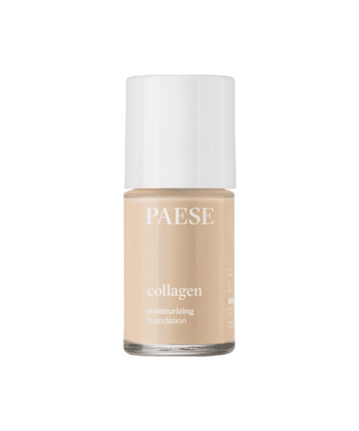 The image shows a bottle of Paese Collagen Moisturizing Foundation in shade 302N. The foundation is in a sleek, black packaging with the product name and shade clearly labeled. The bottle has a pump dispenser for easy and hygienic application.