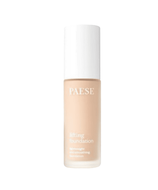 A bottle of Paese Lifting Foundation 100, featuring a sleek design and a pump dispenser. The foundation is displayed against a clean white background, highlighting its elegant packaging.