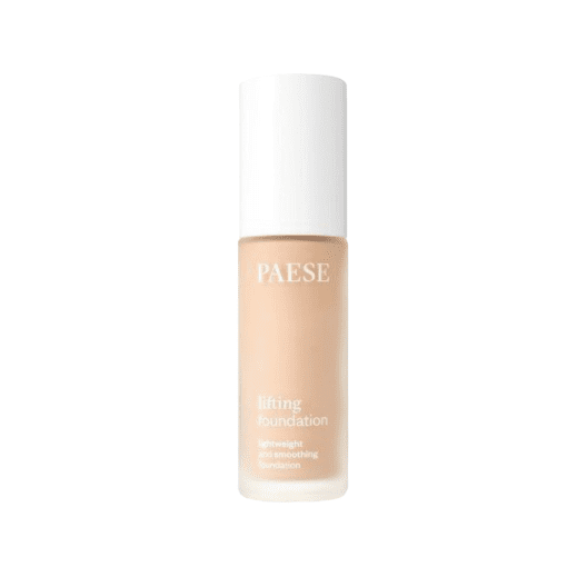 A close-up of Paese Lifting Foundation 101, revealing its smooth and creamy texture. The foundation is swatched on the back of a hand, showcasing its natural-looking coverage and radiant finish.