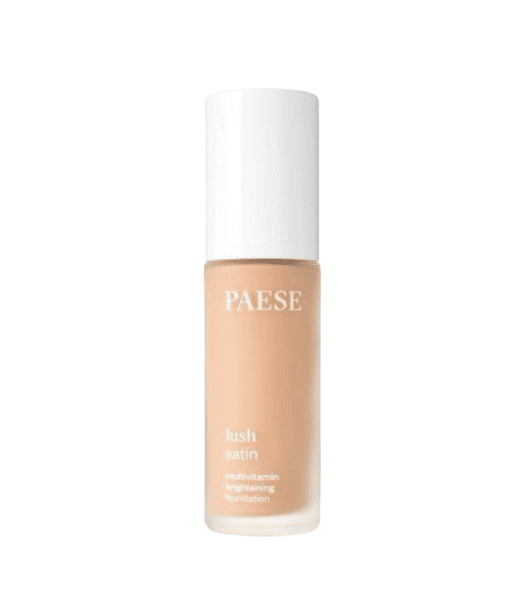 A close-up shot of PAESE LUSH SATIN MULTIVITAMIN BRIGHTENING FOUNDATION in shade 33, showcasing its smooth texture and radiant finish. Get ready to enhance your natural beauty with this nourishing and brightening foundation.