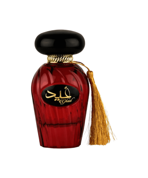 A bottle of Asdaaf Ghaid Perfume with a floral design.