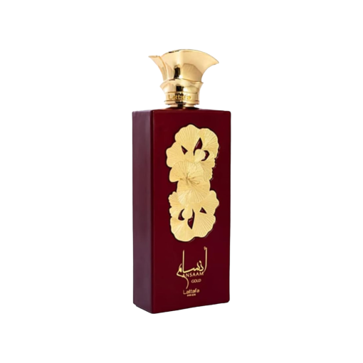 Lattafa Ansaam Gold perfume bottle with a luxurious gold design