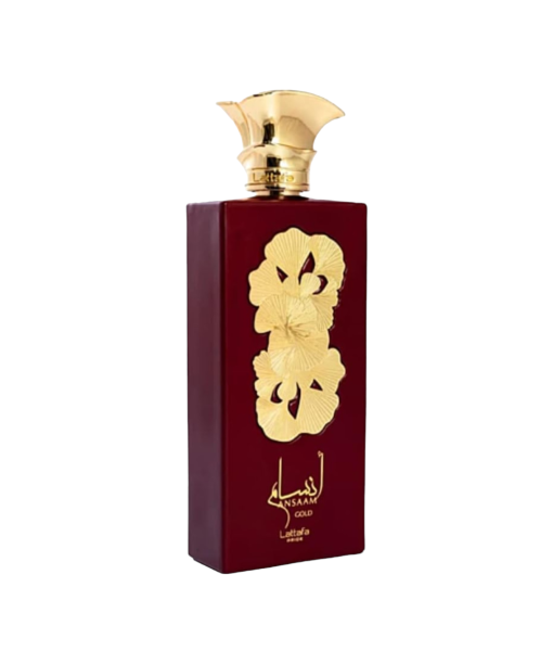 Lattafa Ansaam Gold perfume bottle with a luxurious gold design